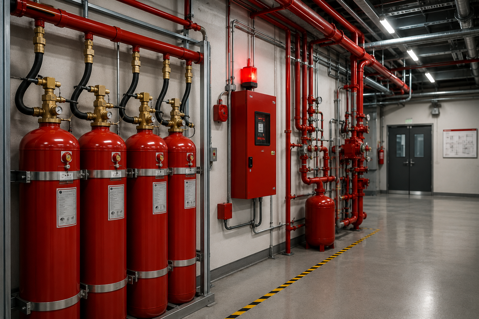 Fire suppression gas cylinders and control panel in a mechanical room